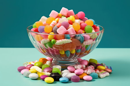 Colorful candies in a glass bowl on a blue background.の素材