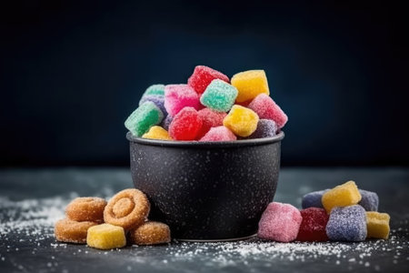 Colorful candies in a black bowl on a dark background.の素材