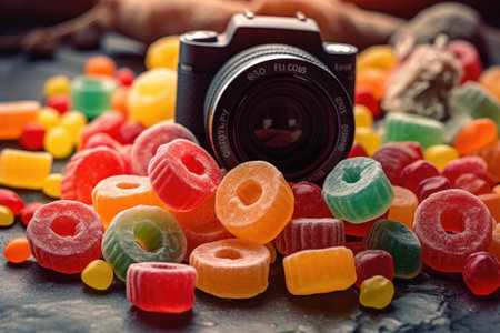 Colorful candies and a camera on a dark stone background.の素材