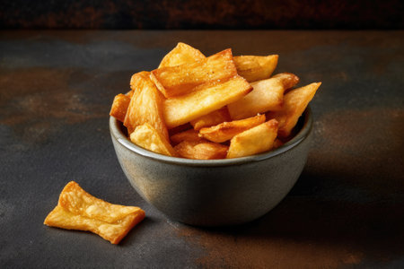 Homemade fried potato wedges in a bowl on a dark backgroundの素材
