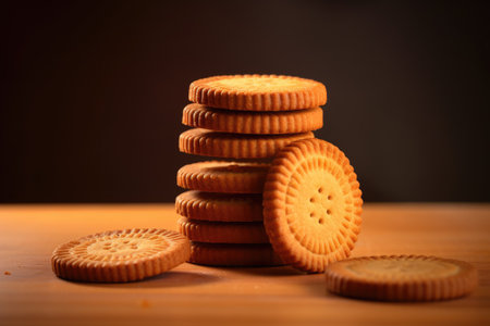 Sandwich cookies on a wooden table. Selective focus. Toned.の素材