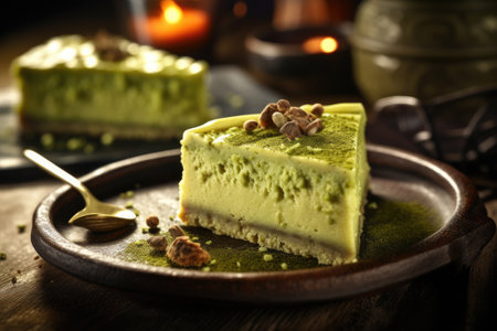 Matcha green tea cake on wooden background. Selective focus.の素材