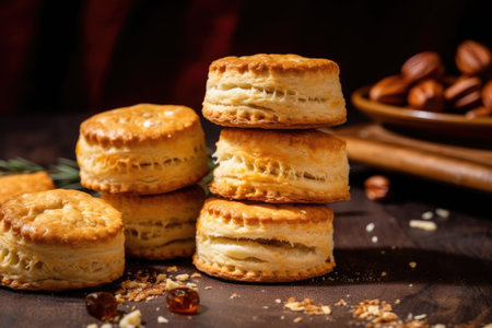 Traditional English scones with raisins and nuts on wooden backgroundの素材