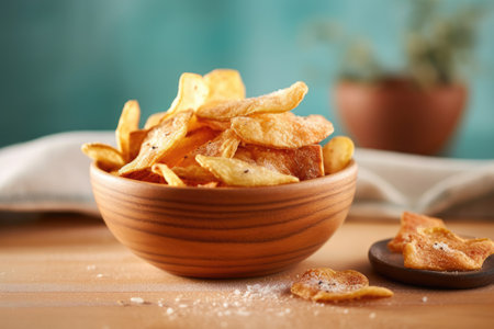 Potato chips in a wooden bowl on a wooden table. Selective focusの素材