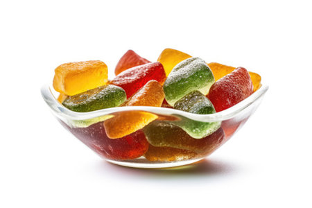 Colorful jelly candies in glass bowl isolated on white background.の素材