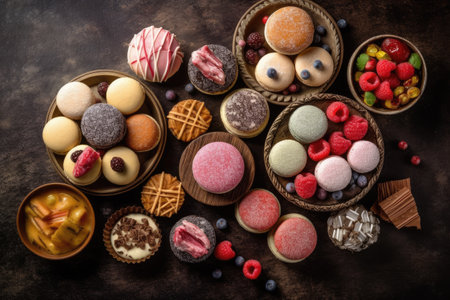 assortment of delicious confectionery on dark background, top viewの素材