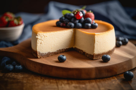 Cheesecake with fresh berries on a wooden board, selective focusの素材