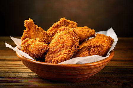 fried chicken on a wooden background. tinting. selective focus on the chickenの素材