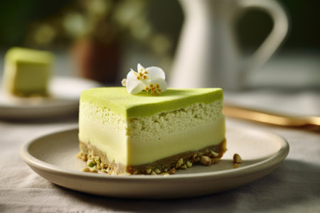 Green tea cake with jasmine flowers on white plate, closeupの素材