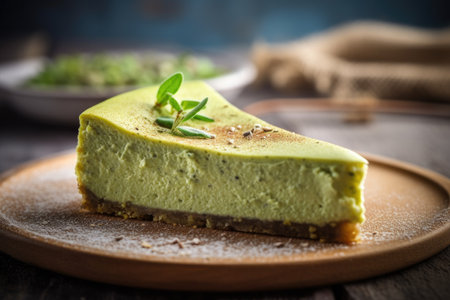 Green tea cheesecake on a wooden table. Selective focus.の素材