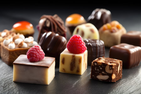 Assortment of chocolate candies on black slate background, closeupの素材