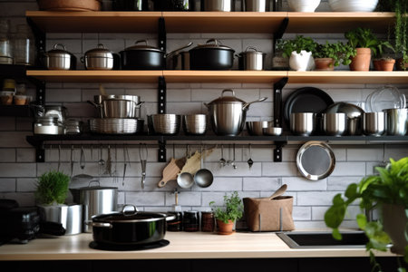 Kitchen utensils on shelves in modern kitchen. Interior designの素材
