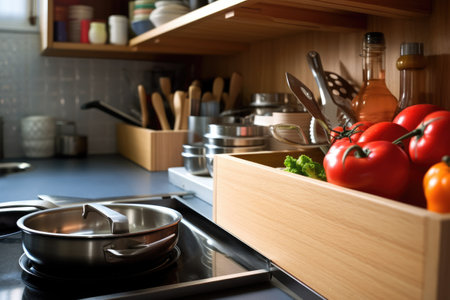 Wooden box with fresh vegetables on the stove in the kitchen.の素材