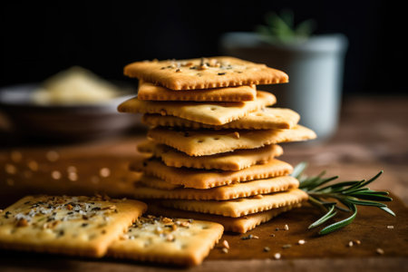 Crackers with sesame seeds and rosemary on a wooden backgroundの素材