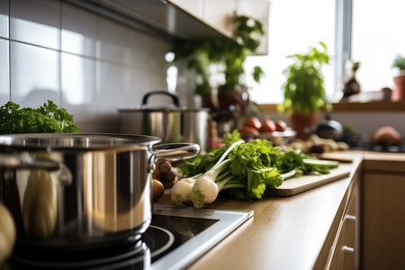 Close up of wooden table in modern kitchen with fresh vegetables and panの素材