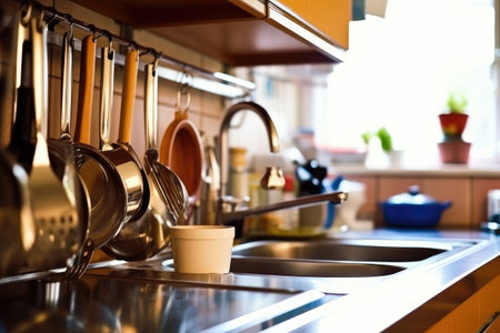 Kitchen utensils on a countertop in a modern kitchenの素材
