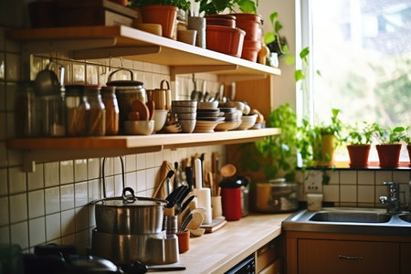 Kitchen utensils on the shelves. Modern kitchen interior.の素材