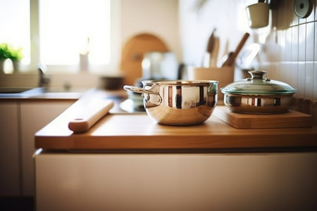 Kitchenware on a table in a modern kitchen. Selective focus.の素材