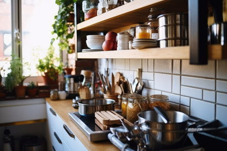 Close up of wooden utensils and utensils in modern kitchenの素材