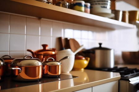Set of pots and pans on countertop in kitchen, closeupの素材
