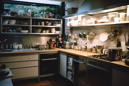 interior of a modern kitchen with lots of utensils.の素材