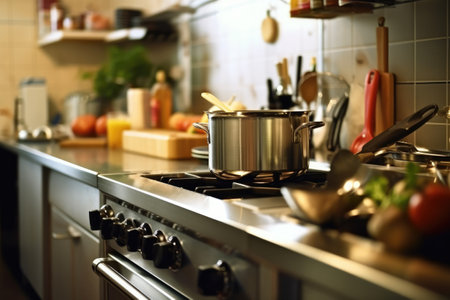 Kitchen interior with utensils on gas cooker, closeupの素材