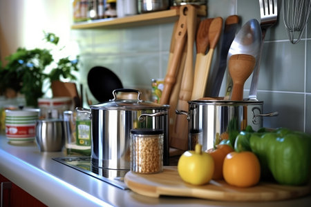 Cooking utensils and vegetables on the table in the kitchenの素材