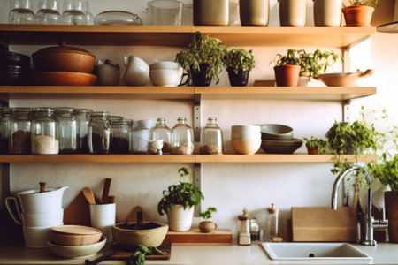 Kitchen utensils and utensils on wooden shelves in modern kitchenの素材