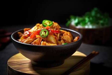 Stir fried chicken with sweet and sour sauce in bowl on black backgroundの素材