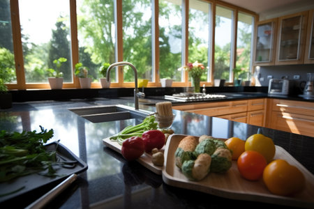 Close-up of fresh vegetables on countertop in kitchen at homeの素材
