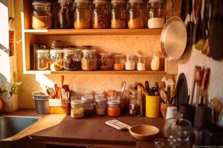 Kitchen utensils and kitchenware on a wooden countertopの素材