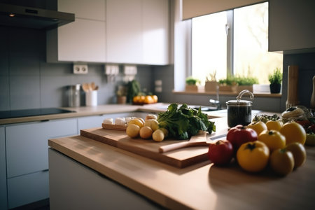 Close up of wooden cutting board with vegetables on table in modern kitchenの素材