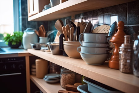 Kitchen utensils on the shelf in a modern kitchen.の素材