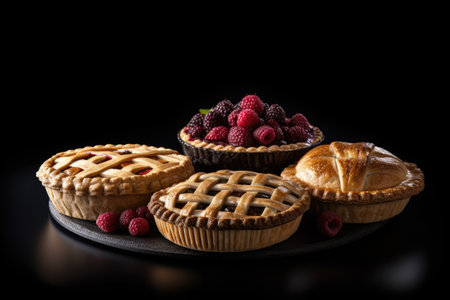 Tartlets with raspberries and blueberries on a black backgroundの素材