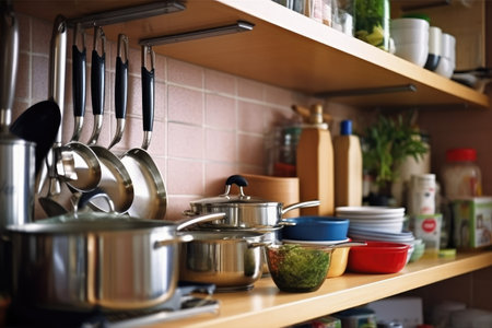Kitchen utensils on a wooden shelf in a modern kitchenの素材