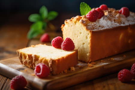 Sliced cake with raspberries and mint on a wooden tableの素材