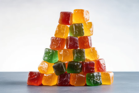A pyramid of colorful candied fruits on a gray background. Selective focus.の素材