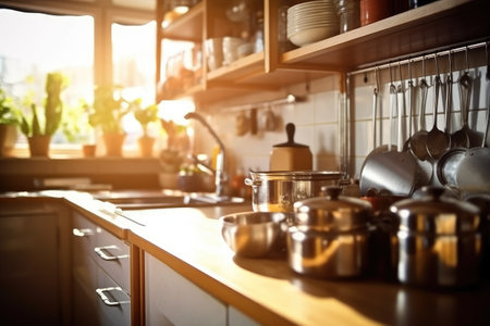 Kitchen interior with utensils in the foreground. Selective focus.の素材
