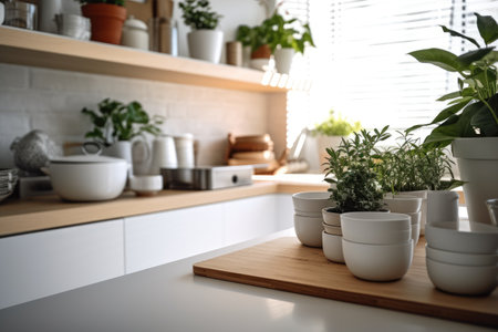 Plants in pots on table in kitchen, closeup. Interior designの素材