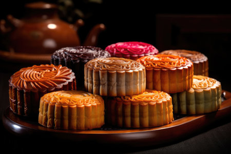 Moon cakes for Mid-Autumn Festival on dark background, mooncakeの素材