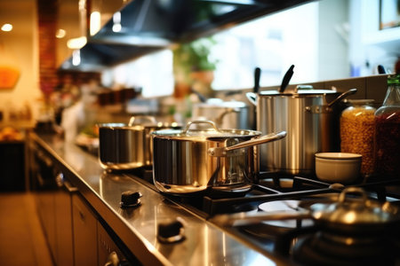 Interior of a modern kitchen, close-up of pots and pansの素材