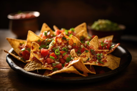 Mexican nachos with salsa and guacamole.の素材