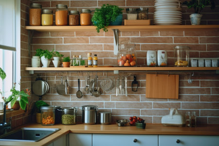 Kitchen interior with wooden shelves, vegetables and utensils.の素材