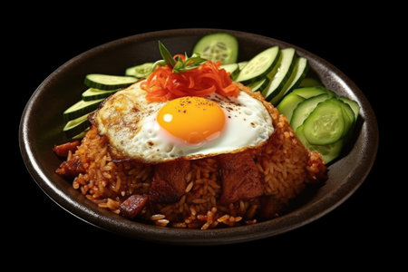 Korean cuisine: fried rice with egg and vegetables on black backgroundの素材