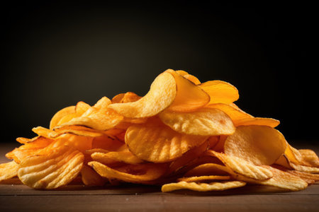 Potato chips on wooden table over dark background. Toned.の素材