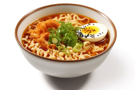 Japanese ramen soup with egg and kimchi on white backgroundの素材