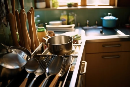 Kitchen utensils on a table in a modern kitchen.の素材