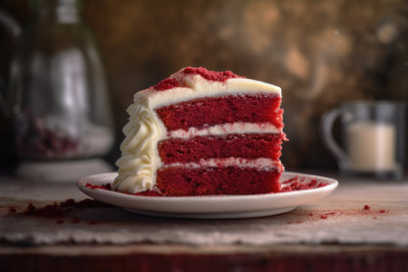 Red velvet cake on a white plate on a wooden background. Selective focus.の素材