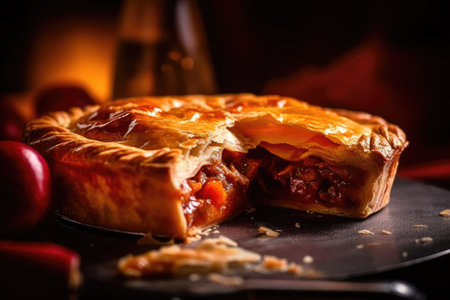 Traditional homemade apple pie on a black slate plate with red cloth.の素材