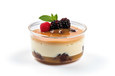Panna cotta with blackberries and raspberries isolated on white backgroundの素材